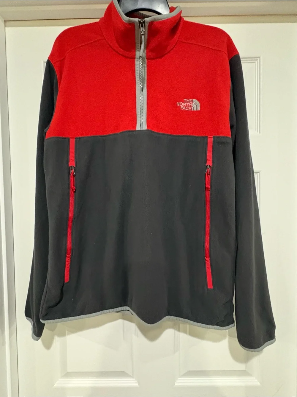 The North Face Men's Red and Gray Zip-Up Fleece Pullover